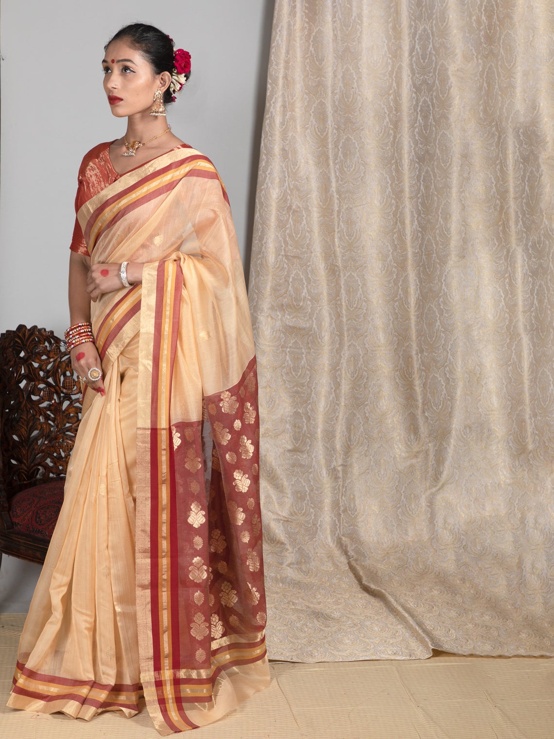 peach and maroon combination saree